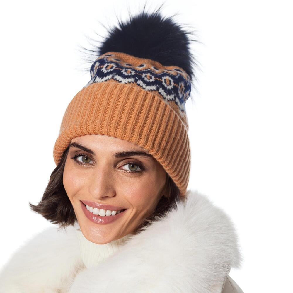 NEW LINDA RICHARDS nordic inspired pom hat in tan and navy